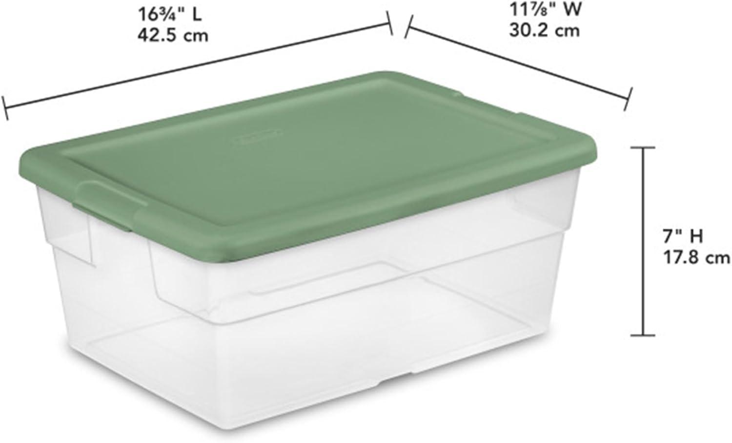 16 Quart Clear Plastic Storage Tote with Green Lid