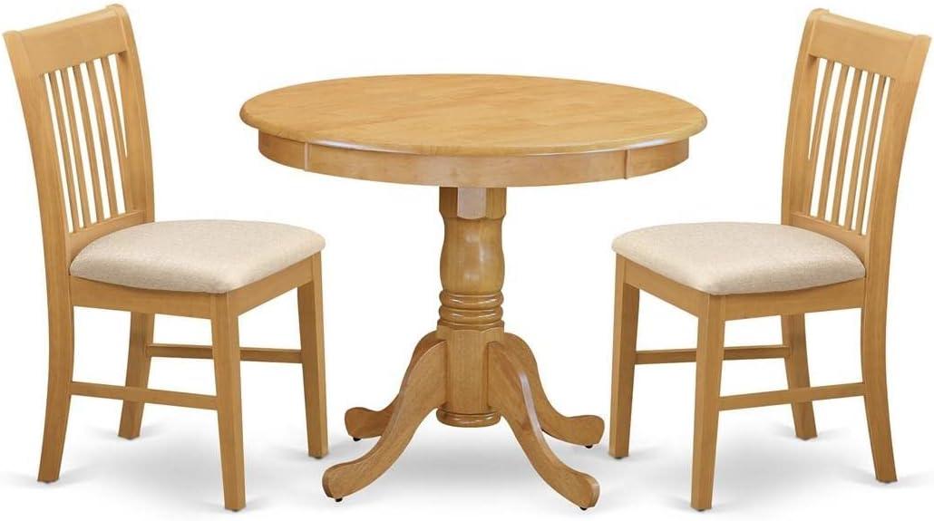 Oak Finish Round Dining Table with Linen Upholstered Chairs