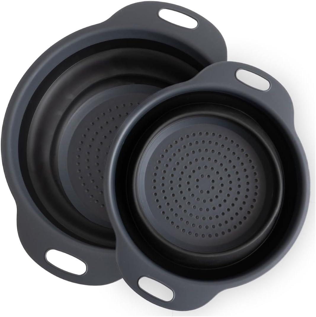 2-Pack Black and Gray Collapsible Silicone Colander Set