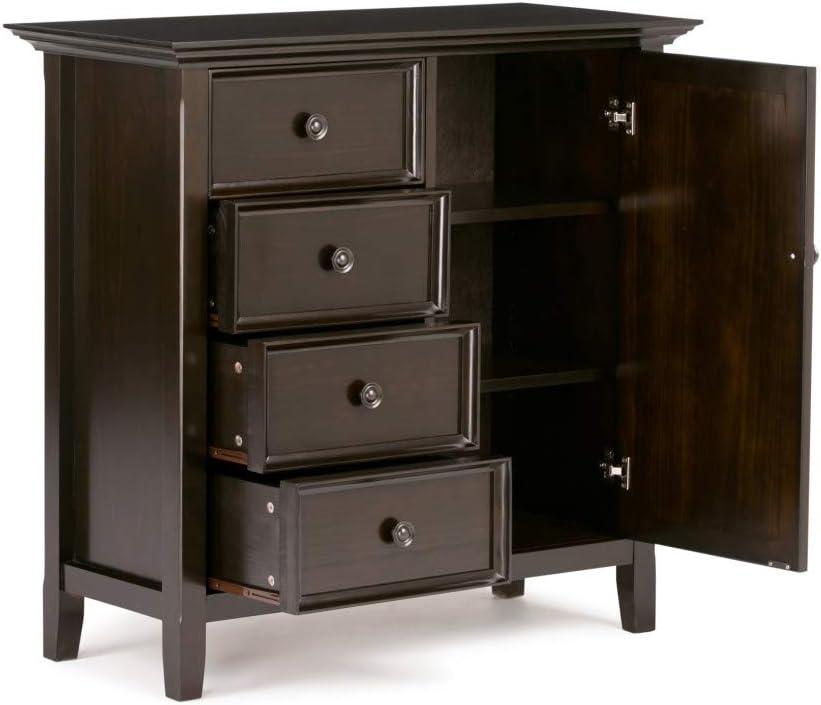 Simpli Home Amherst 32"W Solid Wood 2-Shelf Low Storage Cabinet with Adjustable Shelves and Tapered Legs