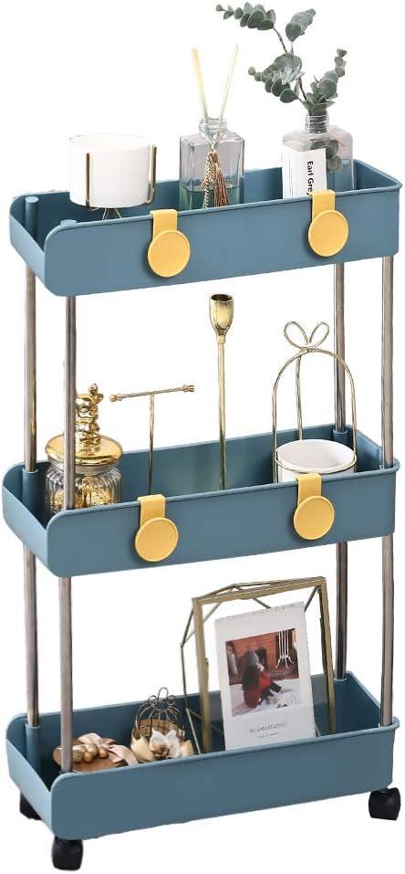 Navy Blue 3-Tier Adjustable Rolling Storage Cart with Yellow Accents