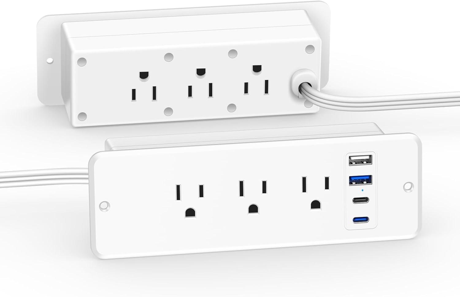 White 6-Outlet Recessed Power Strip with USB Ports and 6 ft Cord