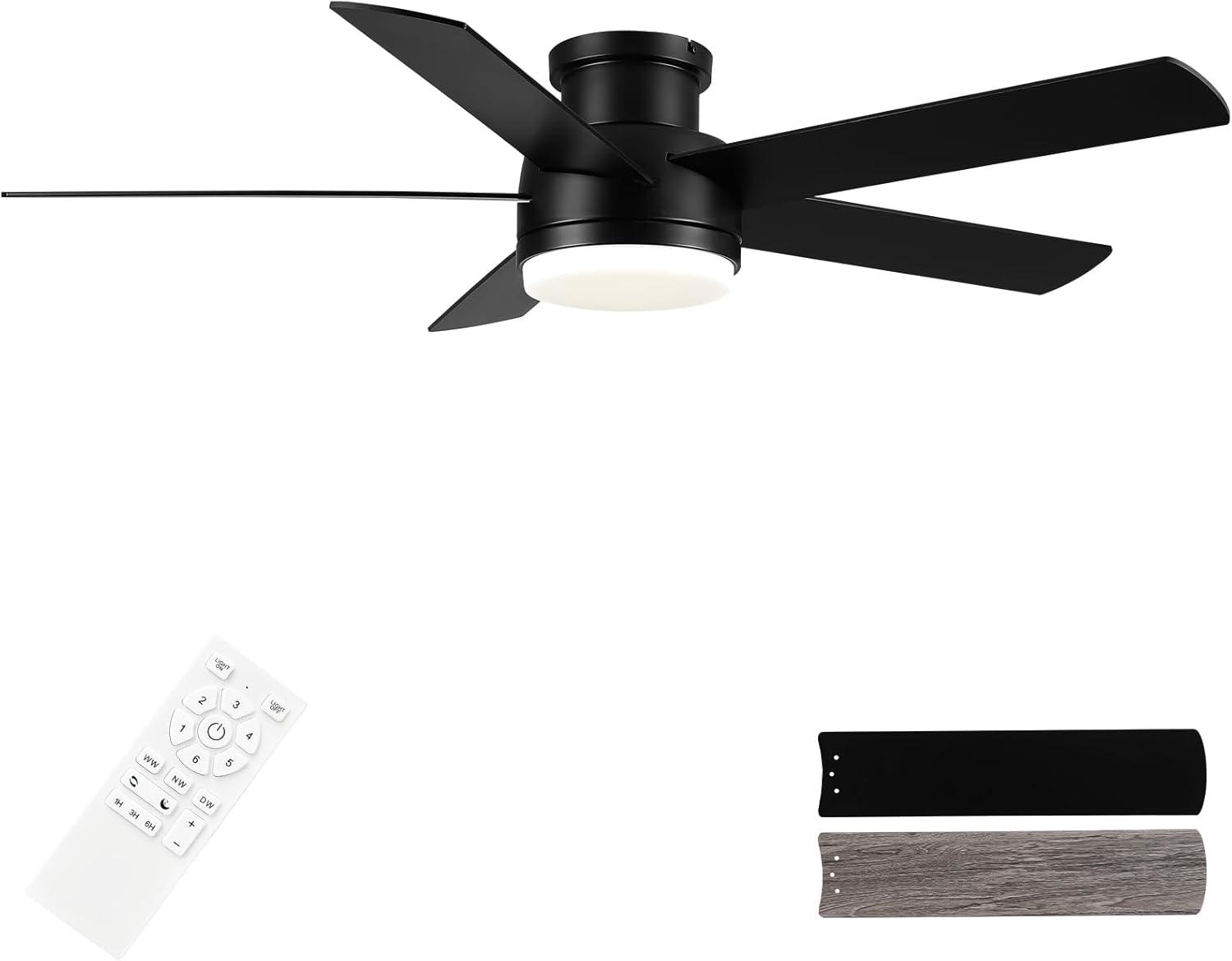 Low Profile 52" 5-Blades Indoor Flush Mount Ceiling Fan with Reversible DC Motor and Remote Control