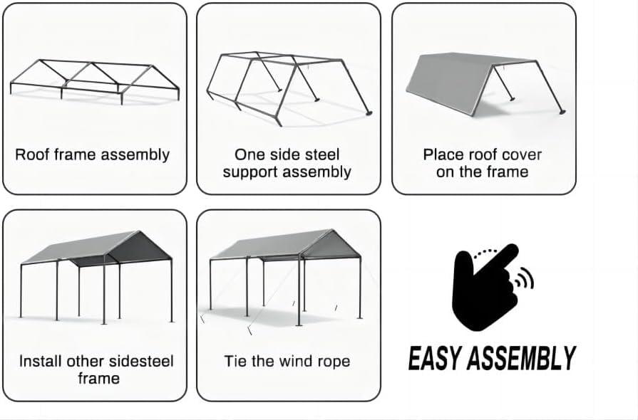 Carports Canopy 10x20 Heavy Duty, Metal Carport Waterproof Carports Garage Tent with 6 Steel Stakes Outdoor for Car Tuck Boat SUV Party (Grey)
