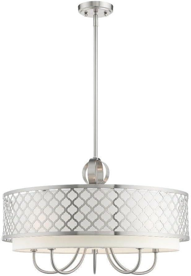 Brushed Nickel 6-Light Drum Chandelier with Off-White Shade