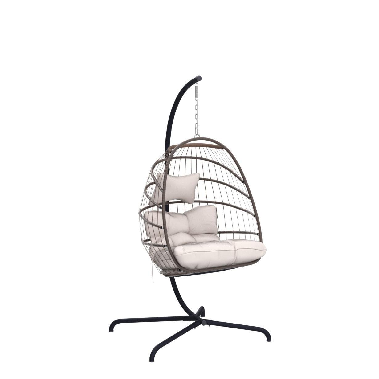 RADIATA Outdoor Foldable Hanging Egg Chair with Stand, PE Wicker Swing Chair with Cushion and Headrest, 350 lbs Capacity, Beige