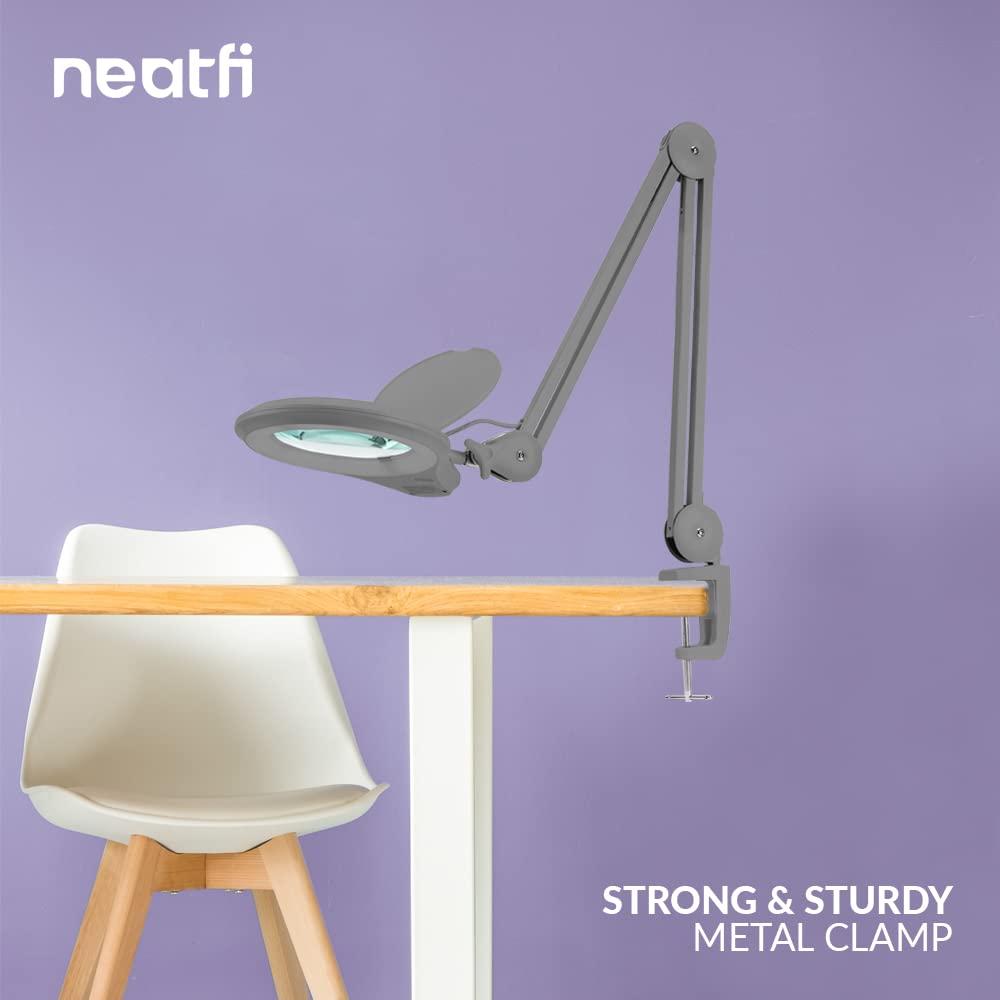 Neatfi (New Model Bifocals 1,200 Lumens Super LED Magnifying Lamp with Clamp, Dimmable, 60 Pcs SMD LED, 5 Inches Diameter Lens, Adjustable Arm (5 Diopter + 20 Diopter, White)