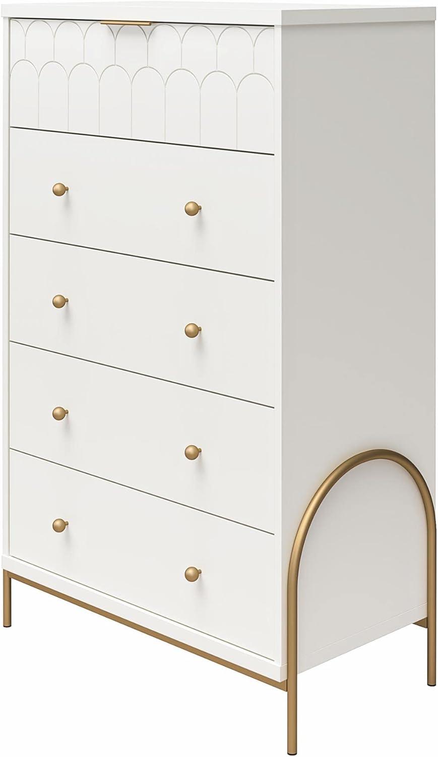 Anastasia Creamy White 5-Drawer Dresser with Brassy Gold Accents