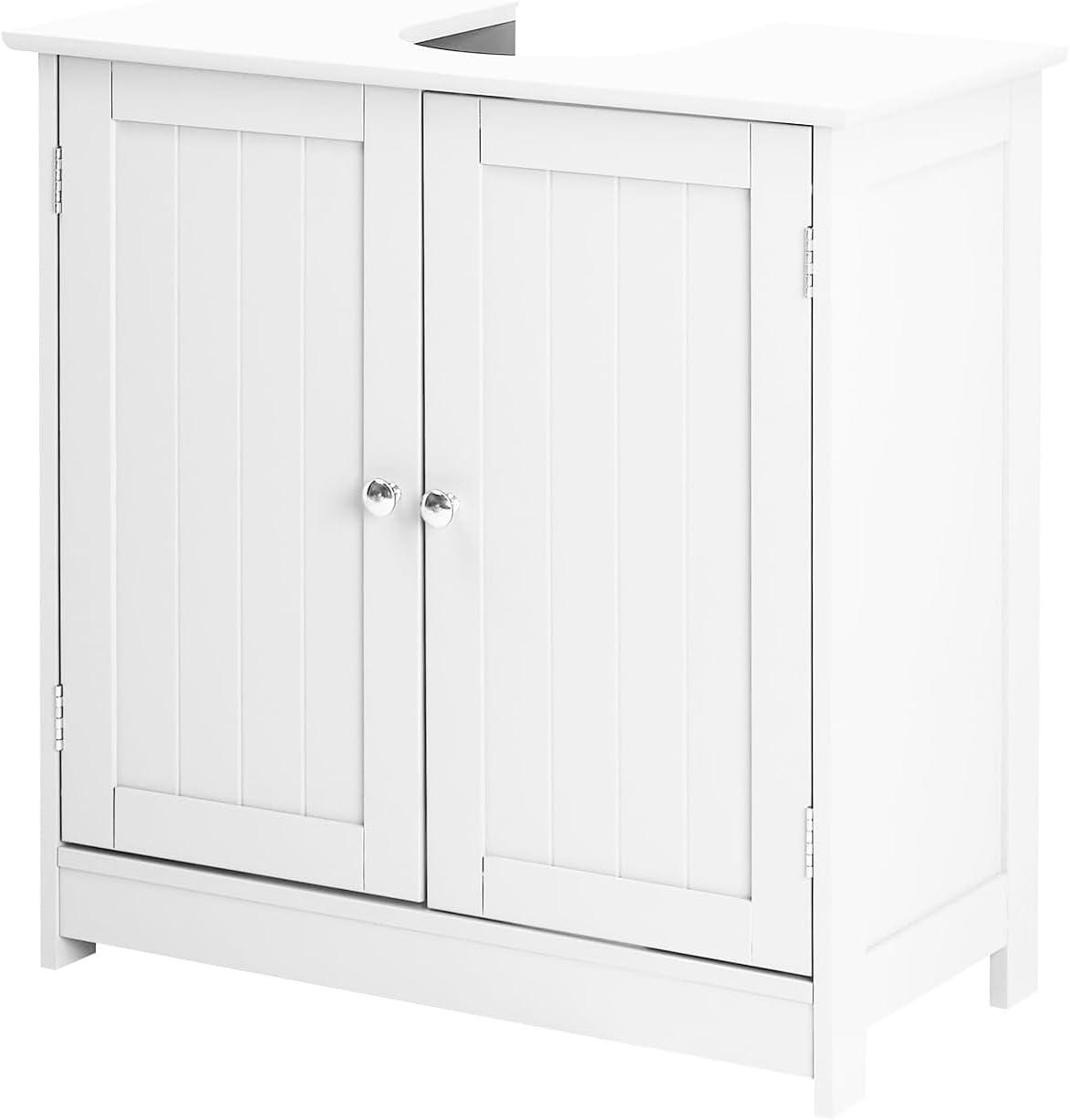 White Engineered Wood Pedestal Bathroom Sink Cabinet with Slatted Doors