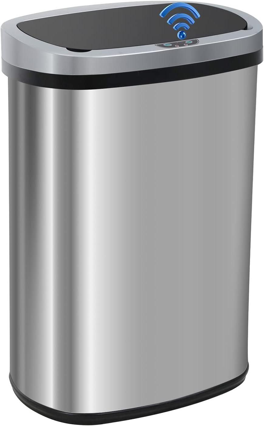 13 Gallon Silver Stainless Steel Touchless Trash Can with Lid