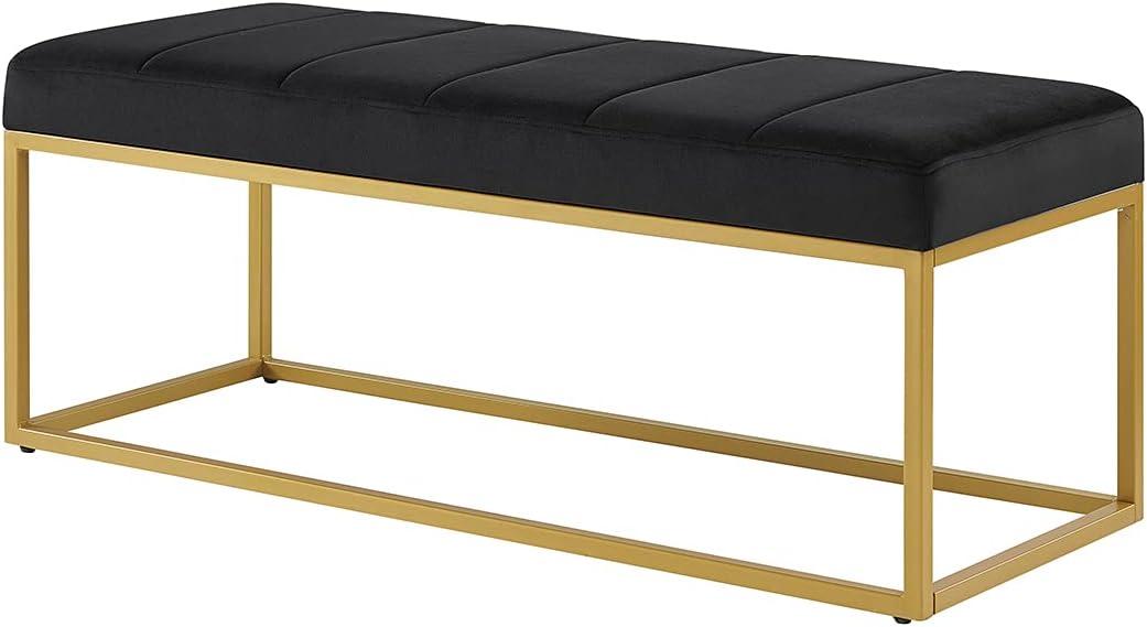 Black Velvet Upholstered Bench with Gold Metal Frame