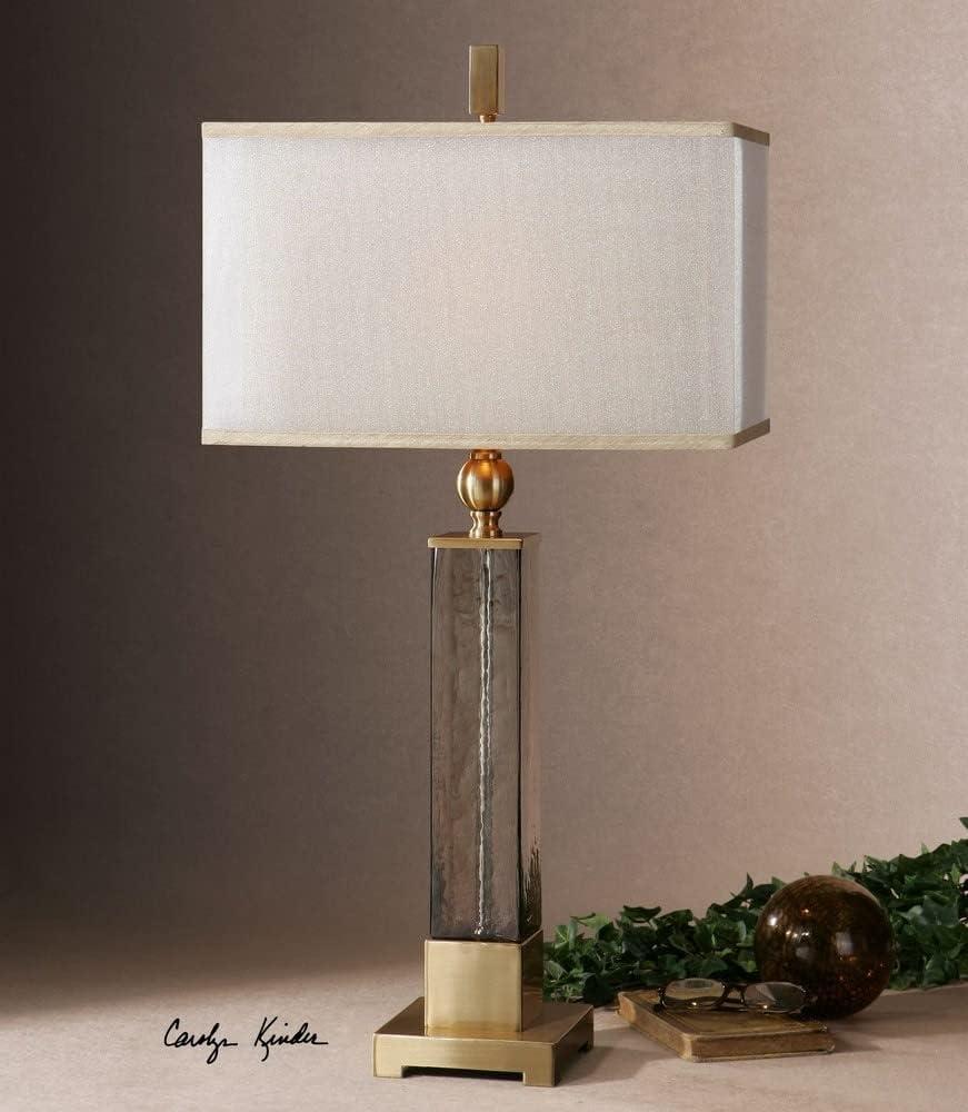 Caecelia Amber Glass and Brushed Brass Table Lamp with Double Shade