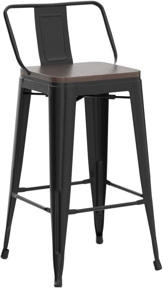 U-SHARE 24'' Metal Bar Stool 4PCS Low Back Conuter Stools for Indoor/Outdoor Barstools Metal Black Stools Bar Chairs w/Wooden Seat Metal Leg Industrial Counter Height Stools Black