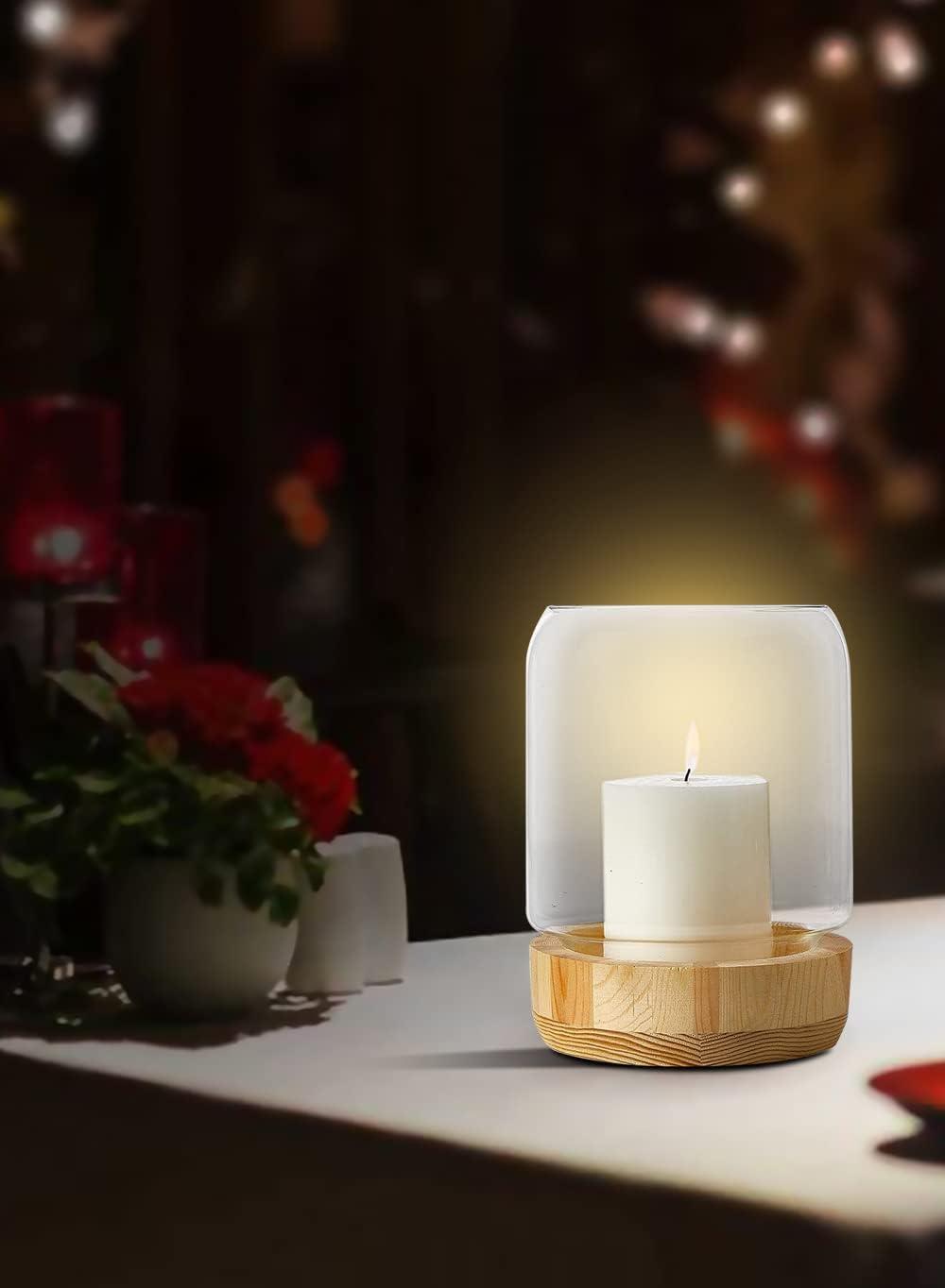 Serene Spaces Living Large Glass Candle Holder Hurricane with Wood Base, Decorative Accent for Wedding, Party, Event, Home Decor, Measures 8" Tall and 6" Diameter