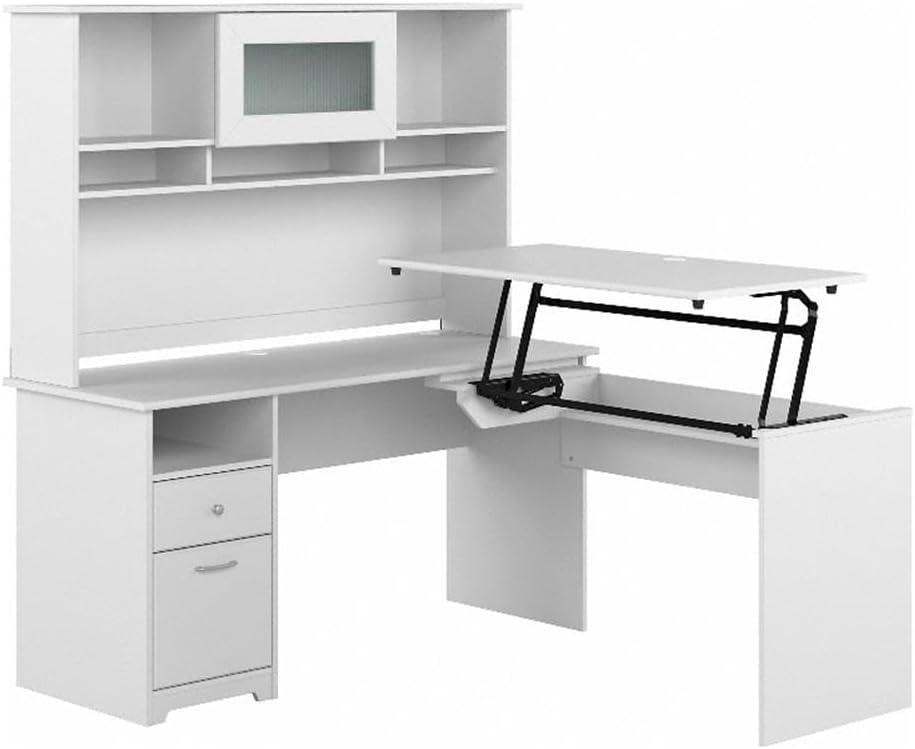 Cabot 60W Sit to Stand L Desk with Hutch in White - Engineered Wood