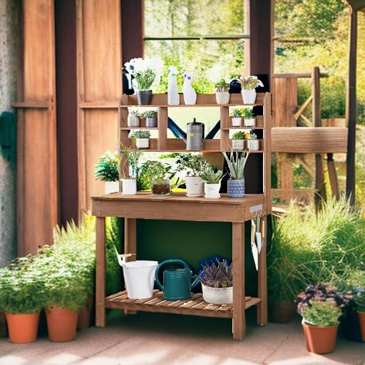 Yaheetech Potting Bench Table with Display Rack/ Storage Shelf/ Hanger, Brown