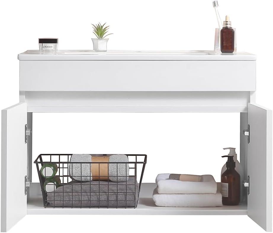 White Wall-Mounted Bathroom Vanity with Ceramic Sink and Storage