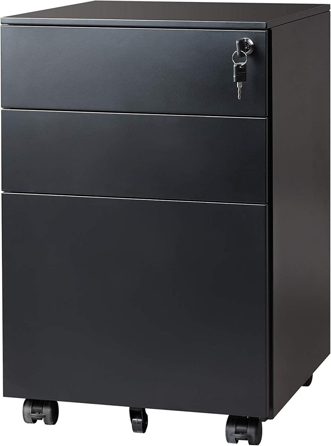 DEVAISE Locking File Cabinet, 3 Drawer Rolling Pedestal Under Desk Office, Fully Assembled Except Casters, Black