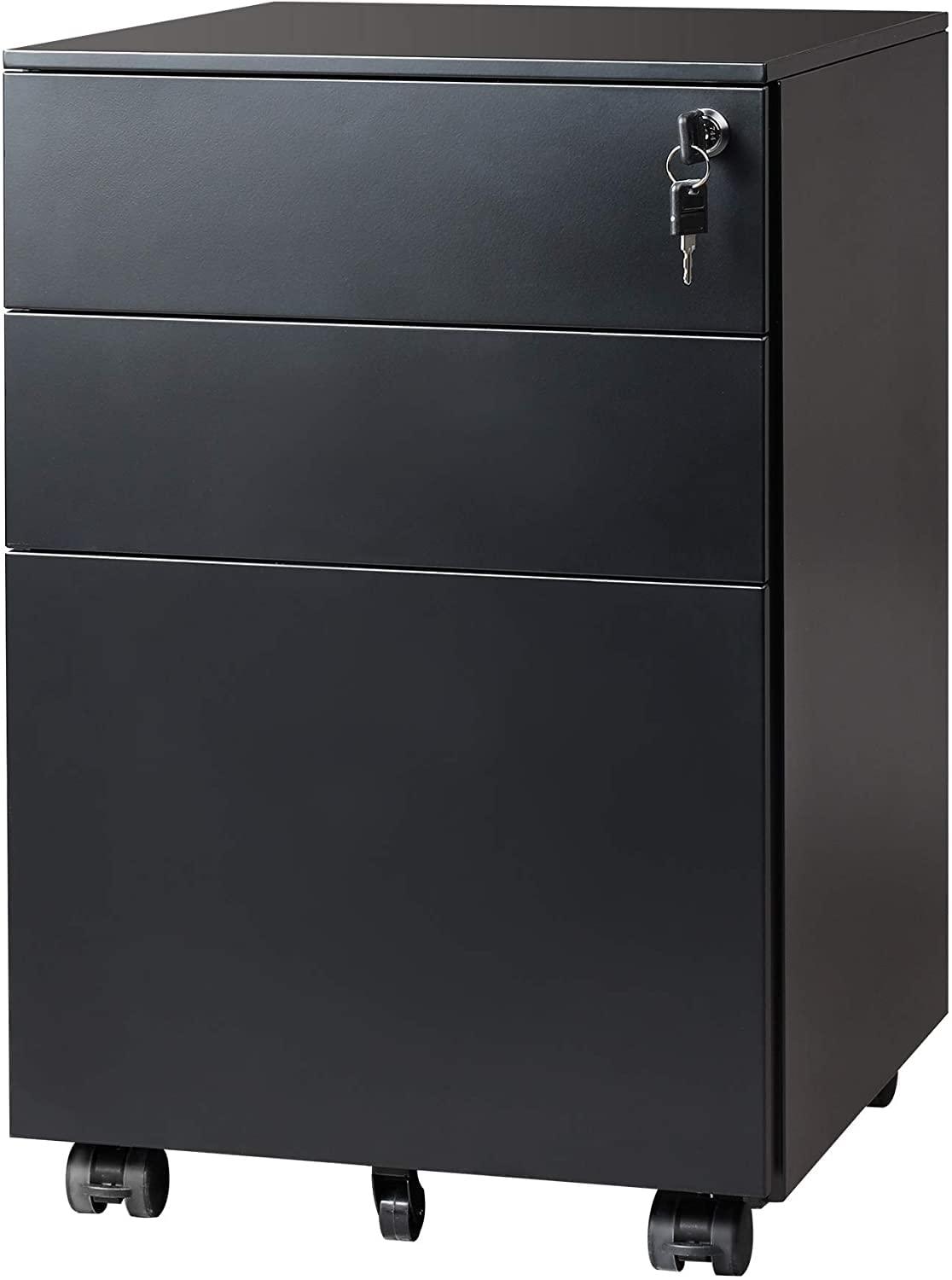 Locking File Cabinet, 3 Drawer Rolling Pedestal Under Desk Office, Fully Assembled Except Casters, Black
