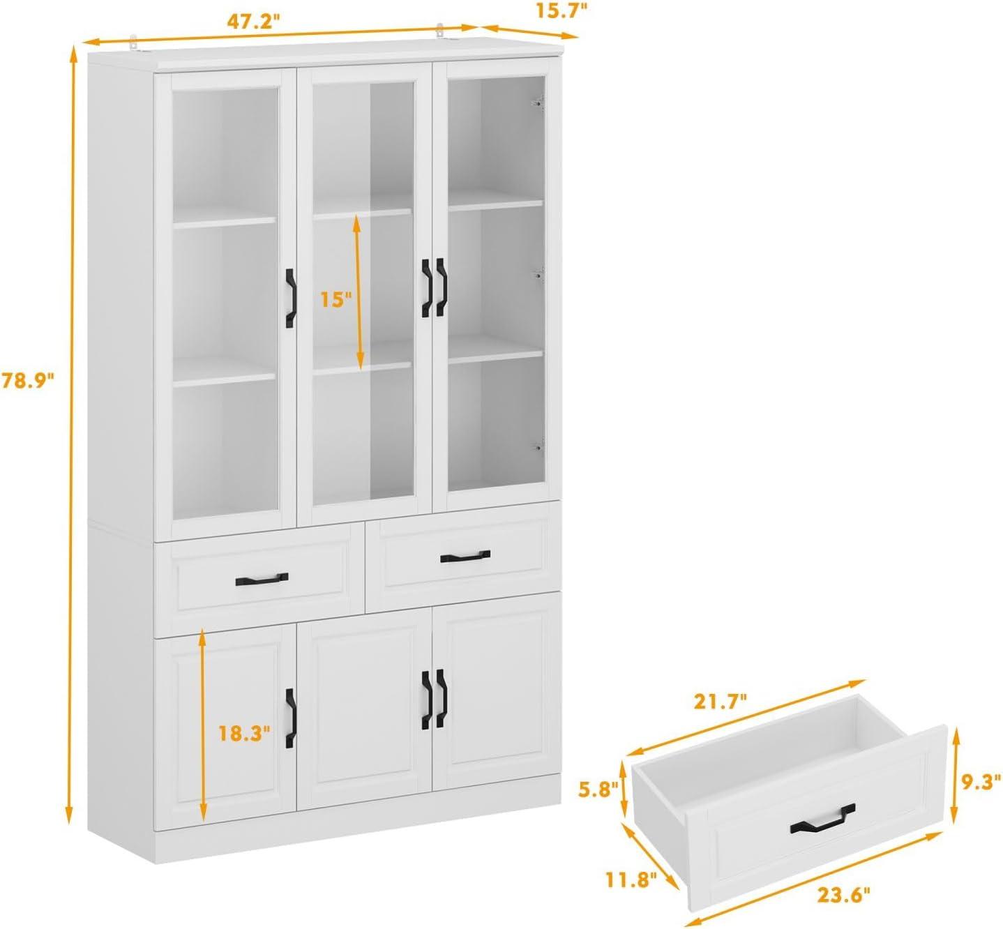 OXYLIFE 78.7" H Kitchen Pantry Cabinet, Display Storage Cabinet Cupboard with Open Shelves and Drawers, White,