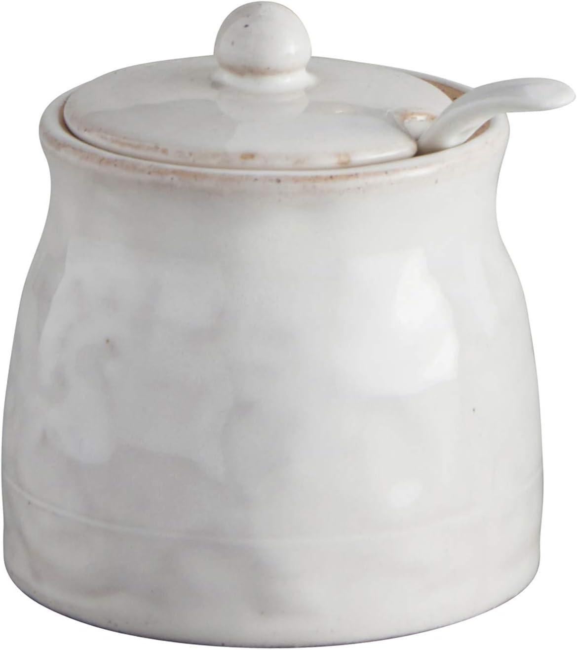 Small White Glazed Porcelain Sugar Jar with Lid and Spoon