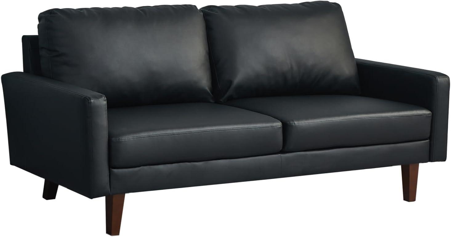 Black Faux Leather Mid-Century Modern Sofa with Wooden Legs