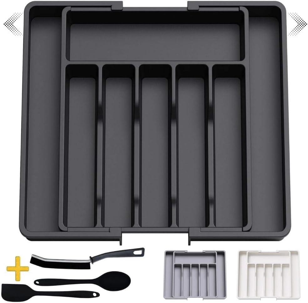 Silverware Drawer Organizer,  Black Expandable Utensil Tray for Kitchen, BPA Free Flatware and Cutlery Holder, Adjustable Plastic Storage for Spoons Forks Knives, Large