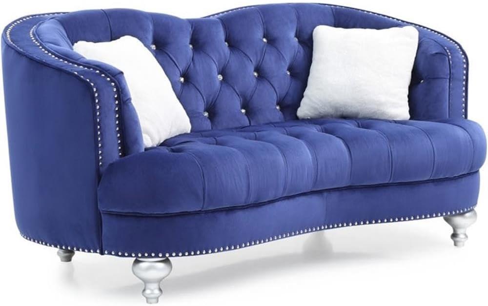 Blue Velvet Tufted Loveseat with Nailhead Trim