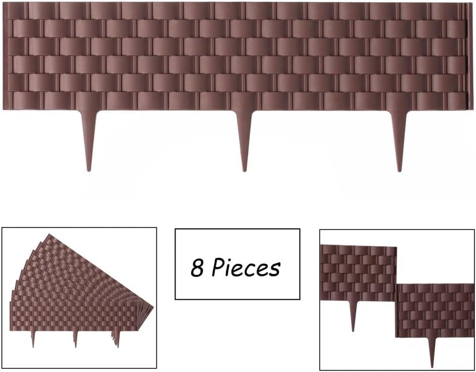 Gardenised Set of 8 Pcs Rattan-Inspired Plastic Landscape Edging and Garden Fence Borders in a Rich Coffee Hue for Lawn, Outdoor Patio, Garden
