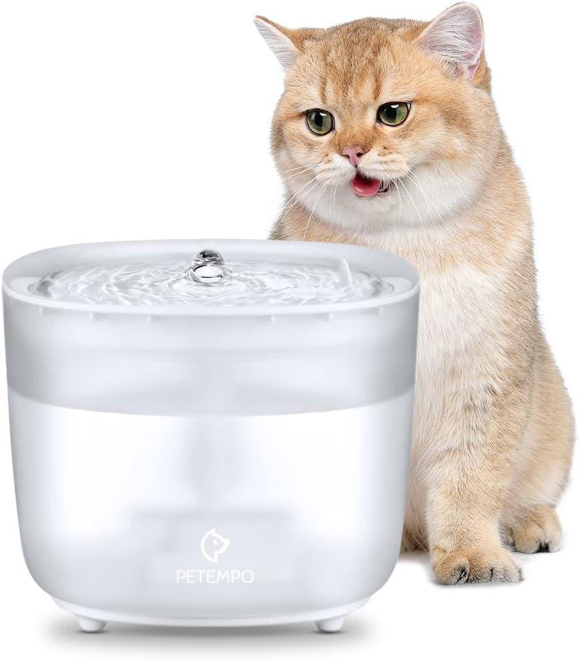 PETEMPO Cat Water Fountain with Wireless Pump, 68oz/2L Ultra Quiet Cat Fountain, Automatic Pet Drinking Fountain for Cats Dogs Inside with 2 Flow Modes, LED Light Indicator, Filter Included,White C42