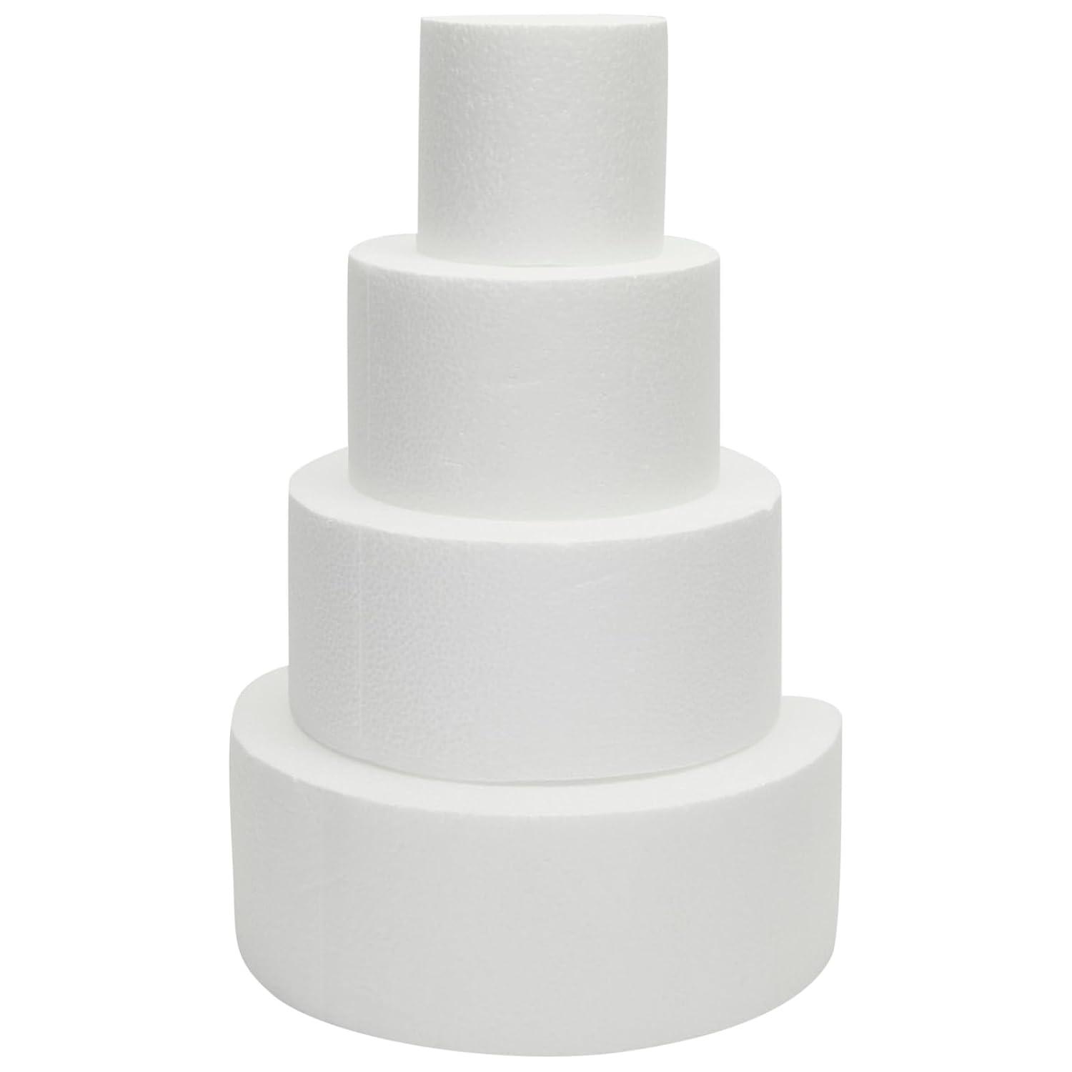 4 Tier Round Foam Cake Dummy Set, 4" 6" 8" 10" Fake Wedding Cake Dummies for Display, Decorating, 14.4" Tall Dummies (White)