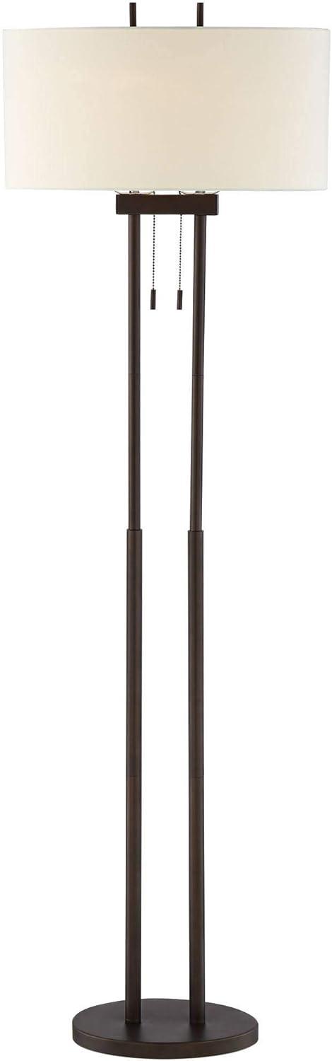 Franklin Iron Works Roscoe Modern Floor Lamp Standing 62" Tall Oil Rubbed Bronze Twin Pole White Drum Shade for Living Room Bedroom Office House Home