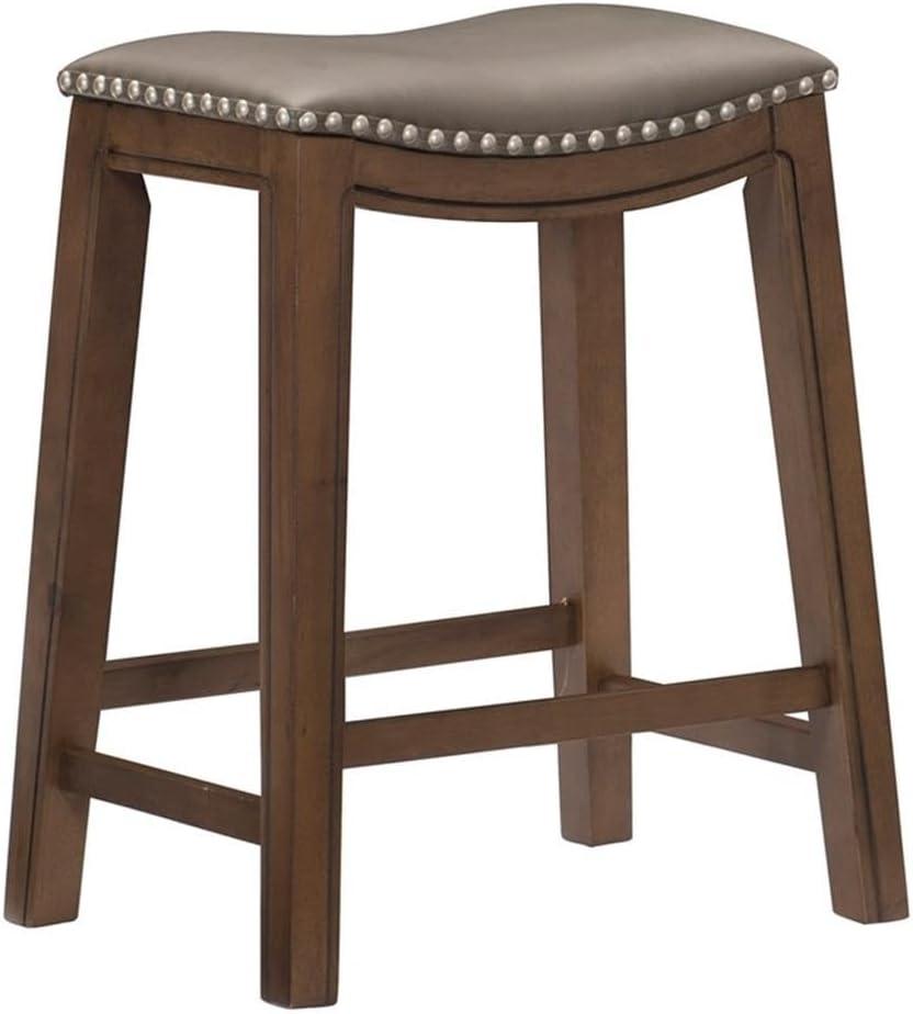 Gray Backless Saddle Style Wood and Leather Counter Stool