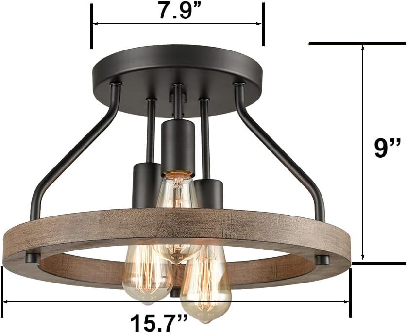 Farmhouse Flush Mount Ceiling Light Black Metal Lighting with Wood Grain Finish
