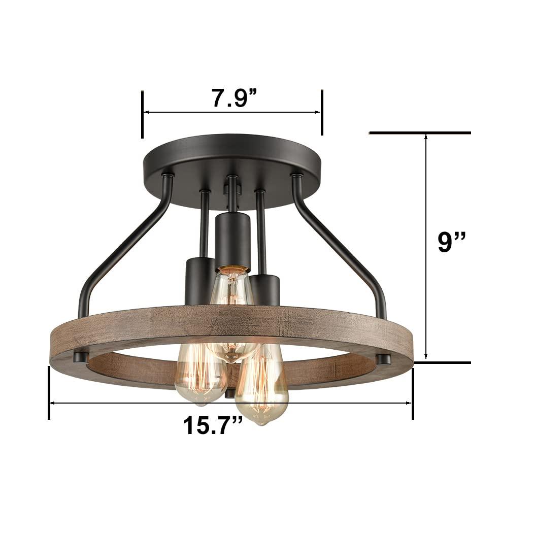 Farmhouse Flush Mount Ceiling Light Black Metal Lighting with Wood Grain Finish