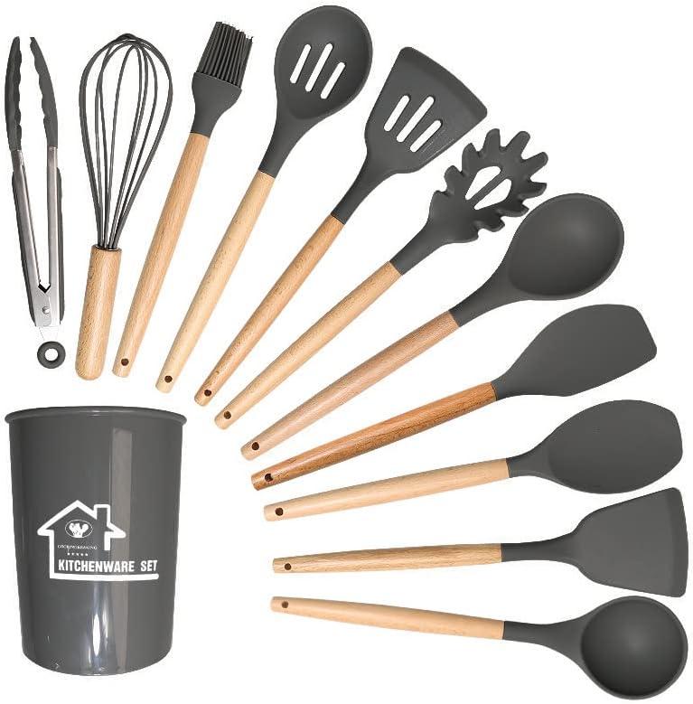 VIVAYO Silicone Cooking Utensil Kitchen Utensils Set, 12 Pieces Silicone Kitchen Utensil Wooden Handles, Kitchen Spatula Sets with Holder Spoon Turner Tongs, Gray