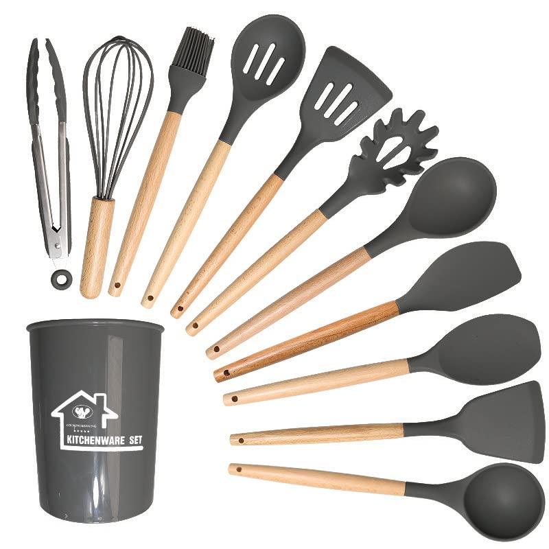 VIVAYO Silicone Cooking Utensil Kitchen Utensils Set, 12 Pieces Silicone Kitchen Utensil Wooden Handles, Kitchen Spatula Sets with Holder Spoon Turner Tongs, Gray
