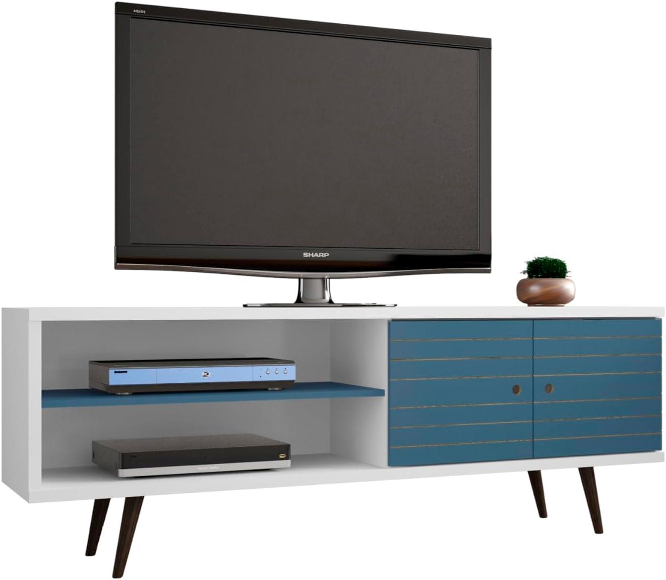 Aqua Blue and White Mid-Century Modern 63" TV Stand with Cabinet