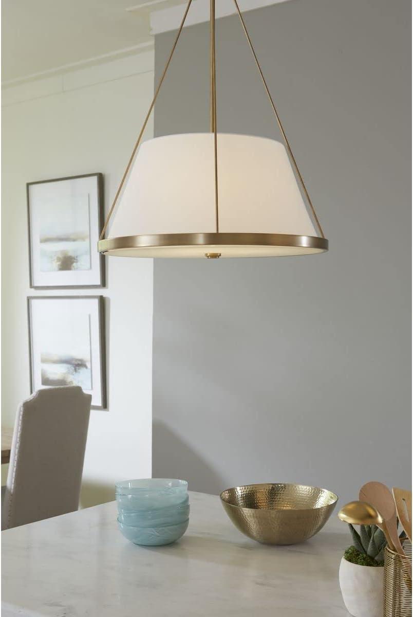 Progress Lighting Saffert 3-Light Pendant, Vintage Brass, White Linen Shade