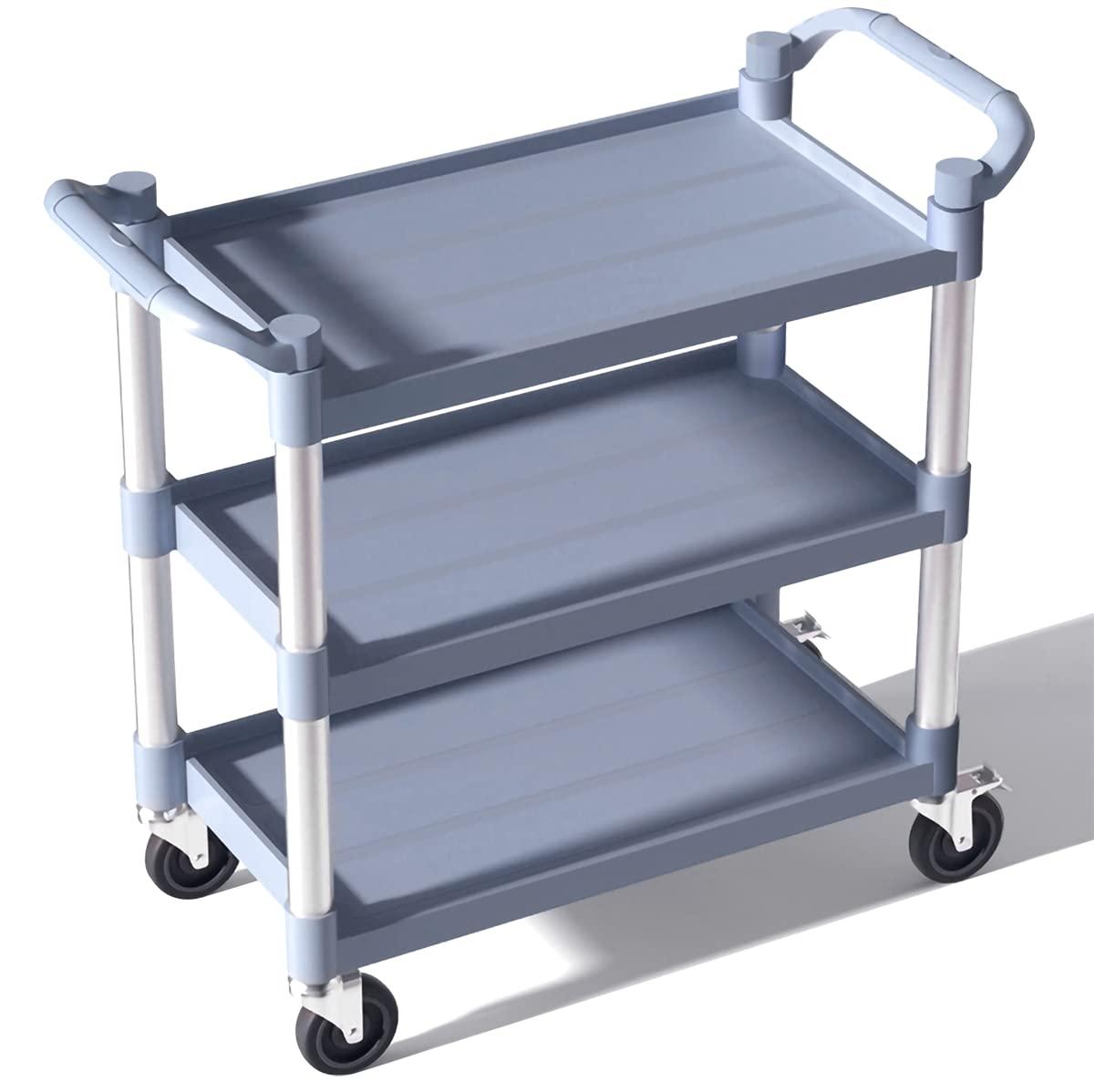 Service Cart Heavy Duty 3-Shelf Rolling Utility/Push Cart with Lockable Wheels, 360 lbs. Capacity, for Foodservice/Restaurant/Cleaning