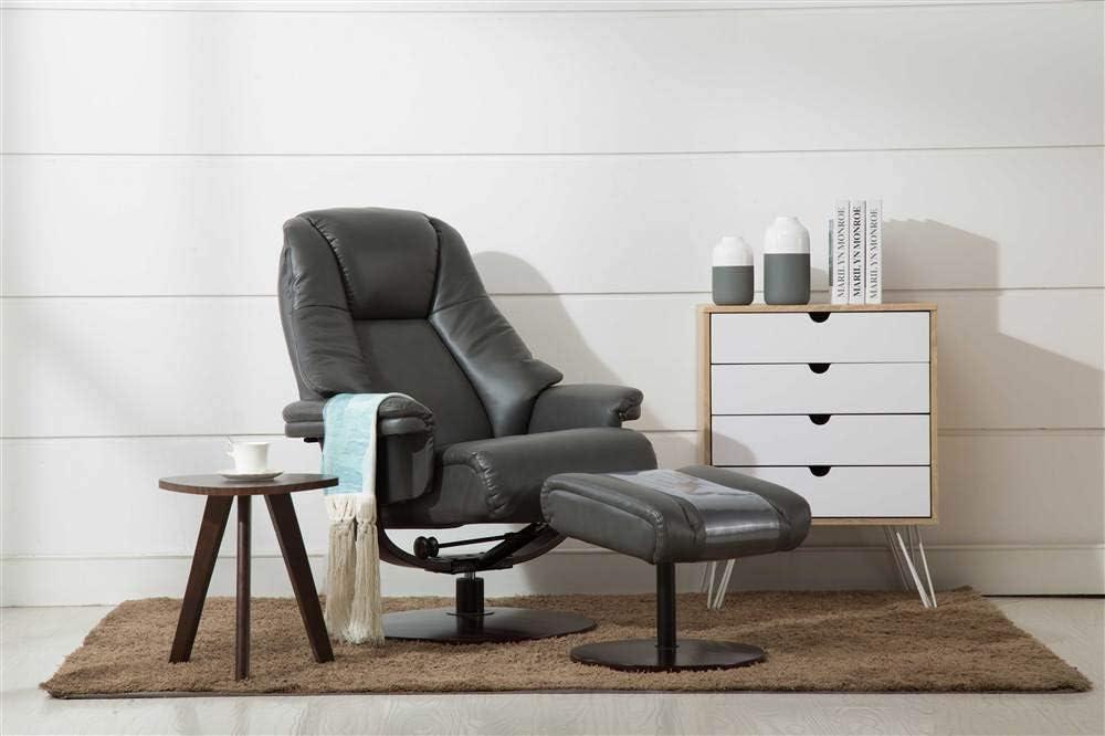 Transitional Charcoal Leather Swivel Recliner with Wood Accents