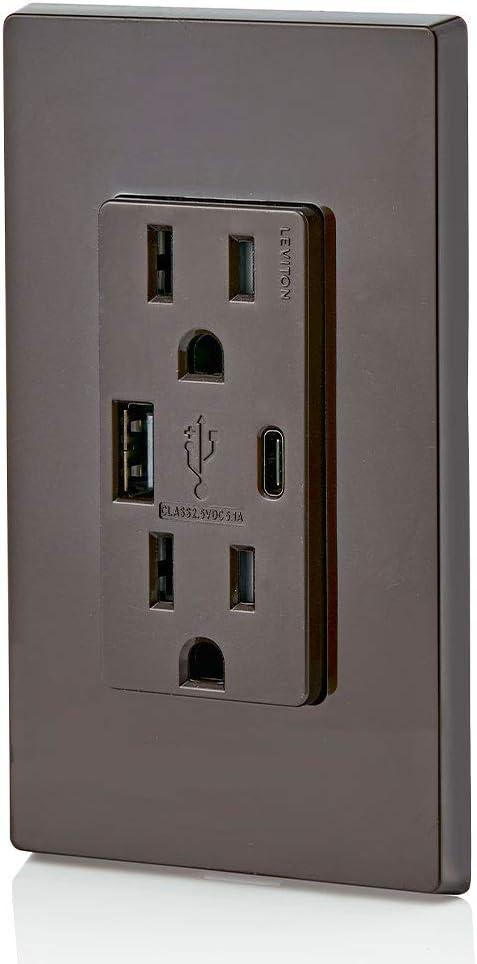 Leviton T5633-B Decora USB Type-A/Type-C Wall Outlet Charger, 15A, Brown