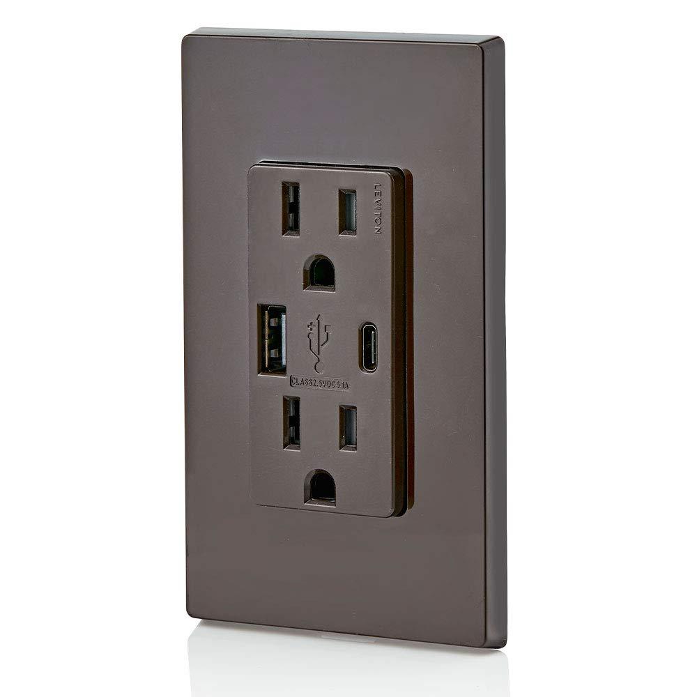 Leviton T5633-B Decora USB Type-A/Type-C Wall Outlet Charger, 15A, Brown