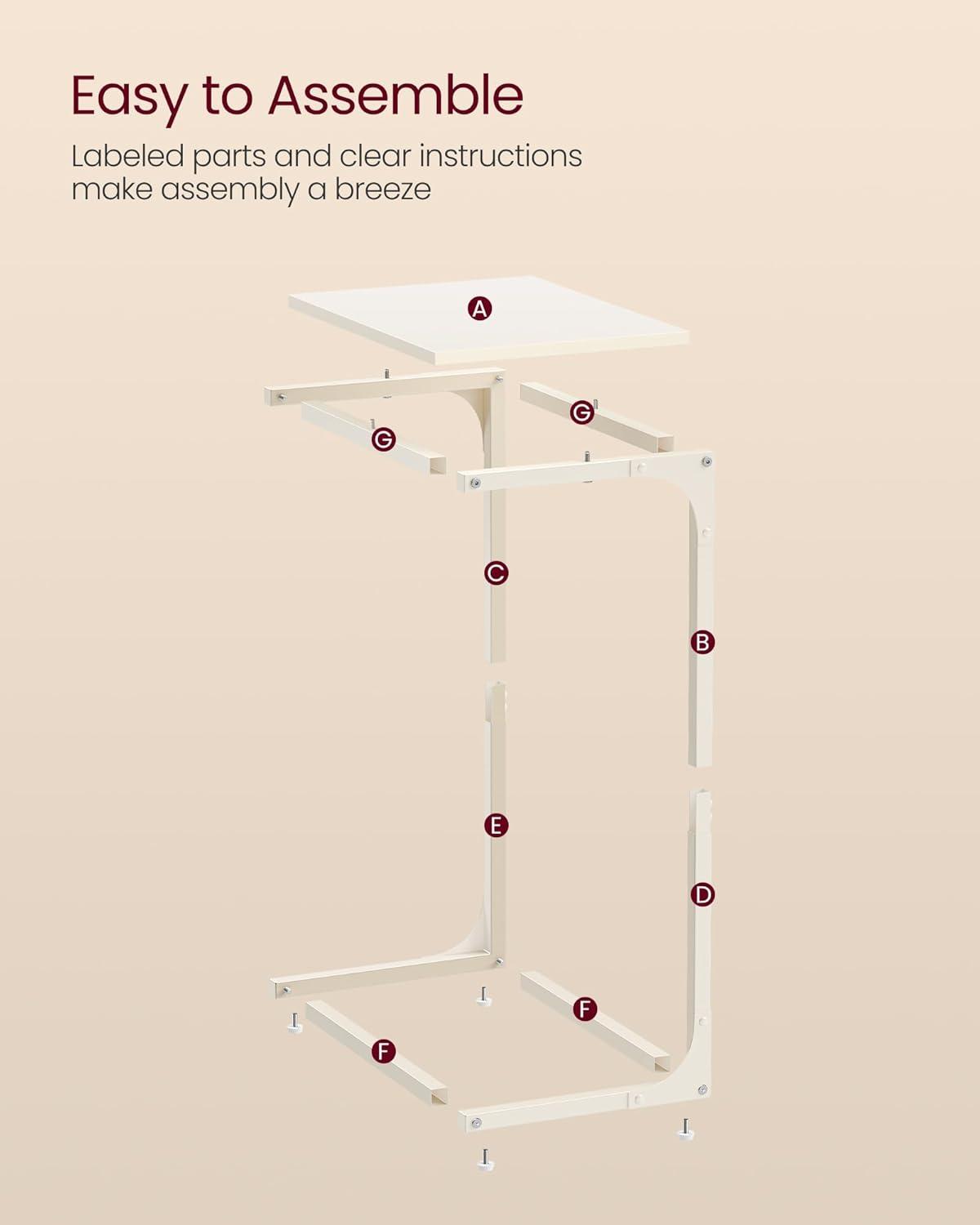 VASAGLE C-Shaped End Table, Side Table for Sofa, Couch Table with Metal Frame, Small TV Tray Table for Living Room, Bedroom, Cream White