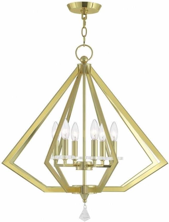 Elegant Diamond Cage Chandelier with Polished Brass Finish and Crystal Accents