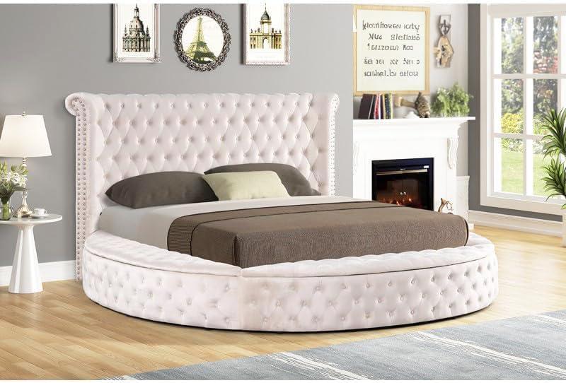 Ivory Velvet Tufted Upholstered King Round Platform Storage Bed