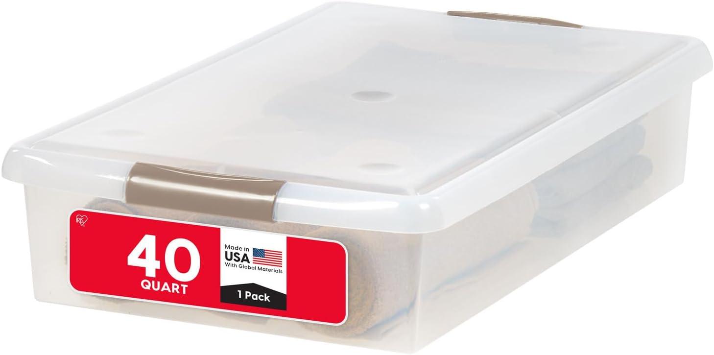 IRIS USA 40 Qt Plastic Under Bed Storage Stackable Nestable Organizer Bin Container with Secure Lids and Durable Tan Buckles, Clear