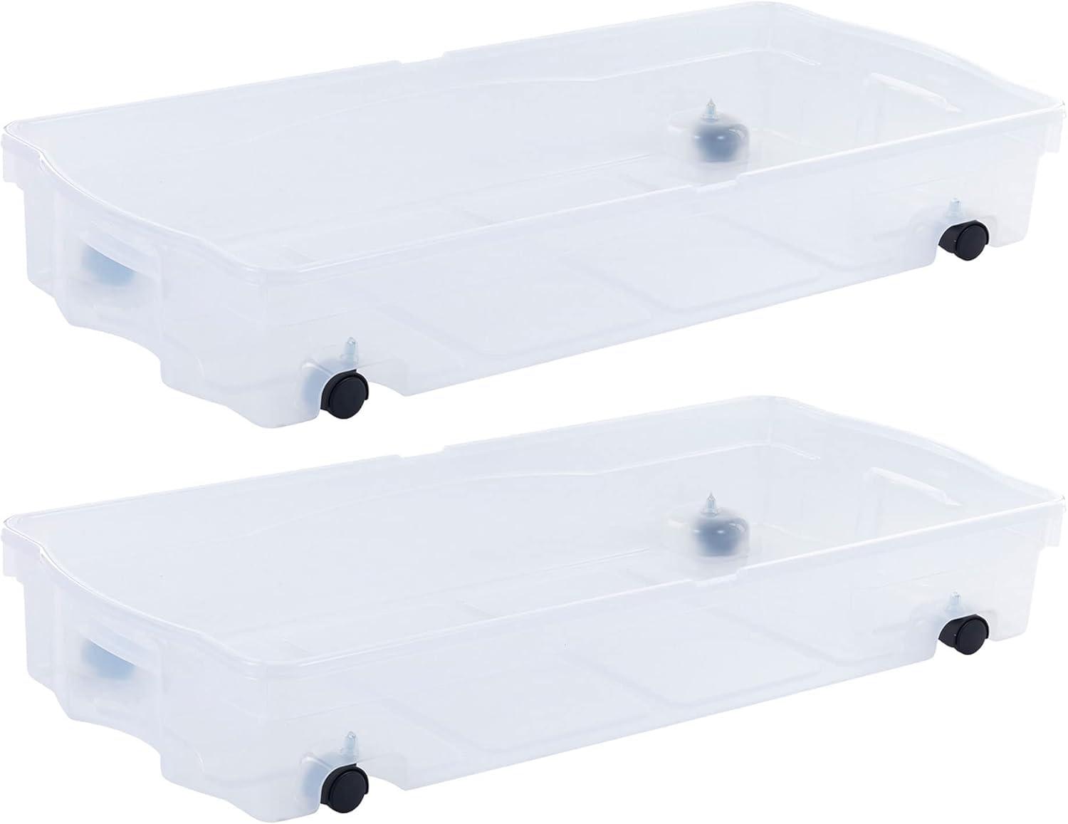 Rubbermaid Under Bed Wheeled Storage Box, 2-Pack, Made In USA, Plastic Containers With Dual-Hinged Lids And Sturdy Wheels, Visible Organization For Tight Spaces