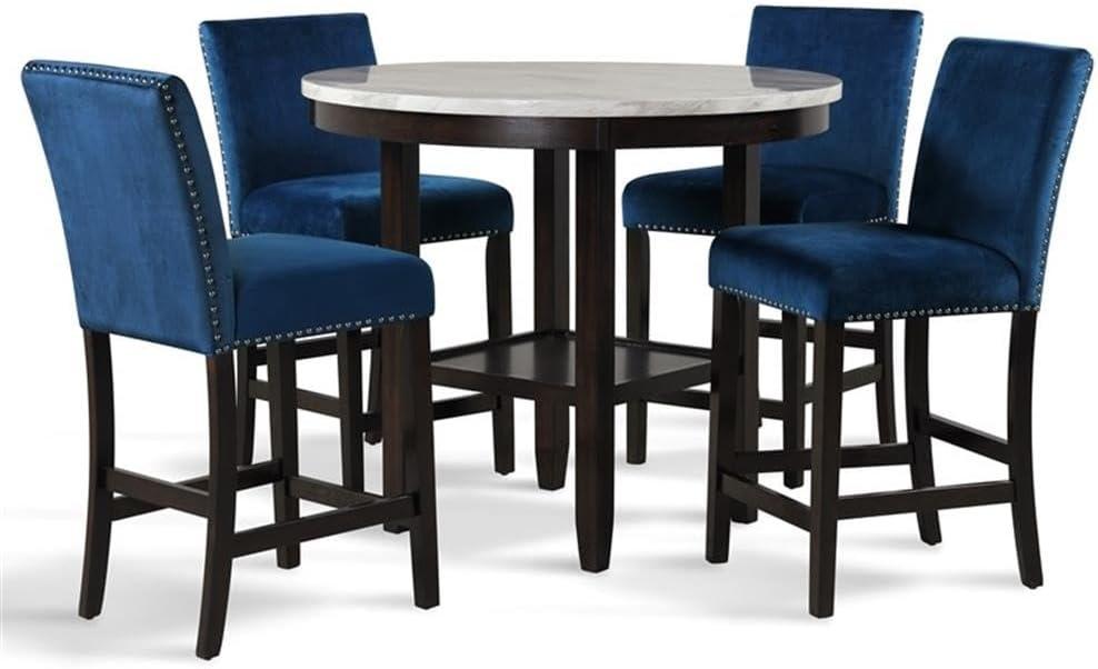 Celeste 5-Piece Blue Velvet and Faux Marble Counter Set