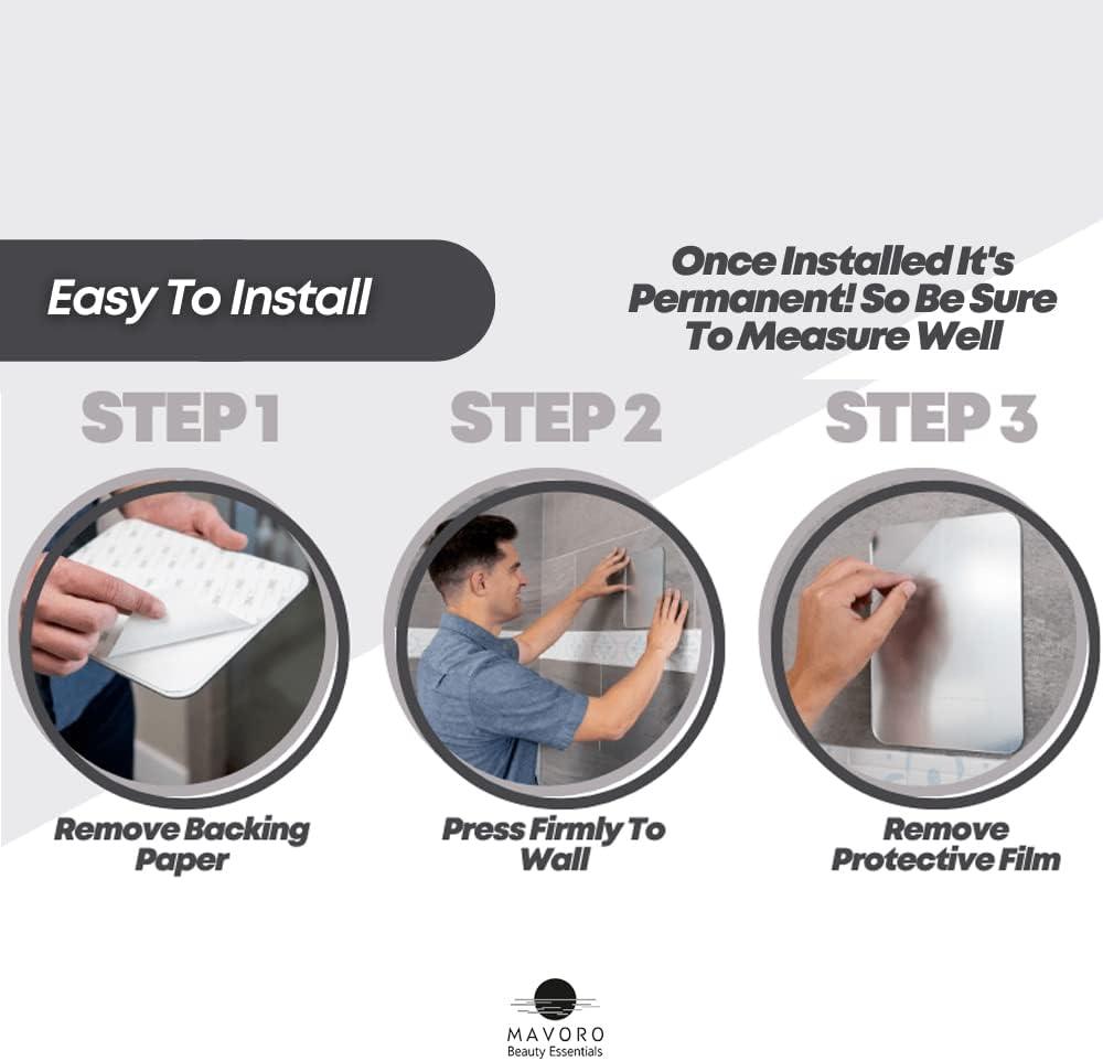 Mavoro Shaving Mirror for Shower - 3M Adhesive Shower Mirror. 7x9in Acrylic Mirror - Unbreakable Mirror with Less Fogging. Sleek Frameless Mirror. Peel and Stick Mirror, Glassless Safety Kids Mirror